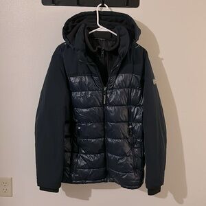 New Nautica Mixed Media Insulated Navy Water Wind Resistant Puffer Hood Jacket